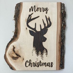 Merry Christmas - Deer - Rustic - Pyrography - Home Decor